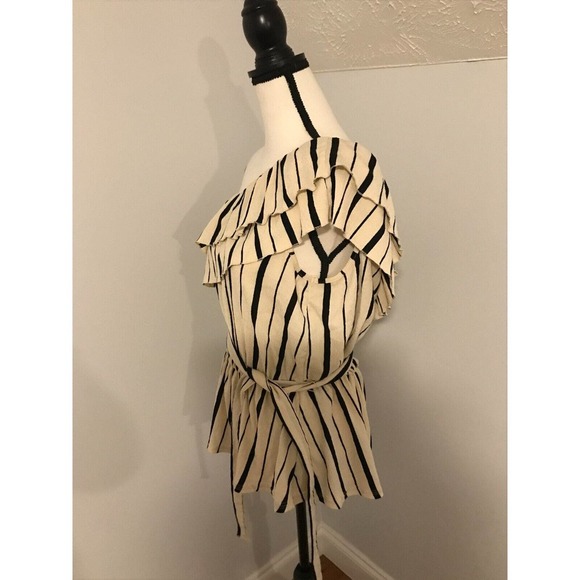 ANTHROPOLOGIE MAEVE RITA One Shoulder Black/Cream Peplum Ruffle Top - Size Large - Picture 2 of 11